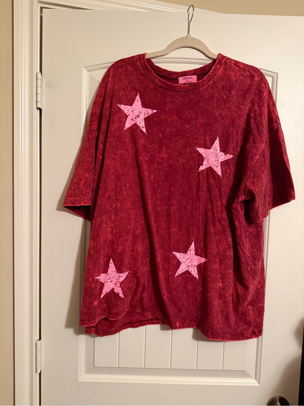 Zenana Star Gazer Acid Wash Oversized T-Shirt Rose Pink Stars Size M NWT